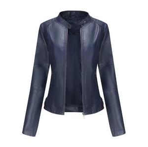 Chaqueta de moto de cuero PU para mujer, cuello alto, cierre de cremallera, color sólido, corte ajustado, longitud regular, para otoño - Product Image 5