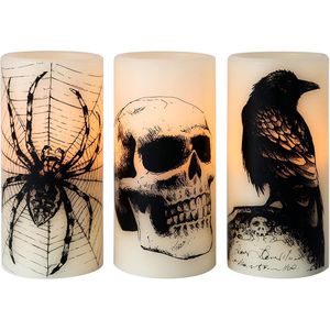 Candele LED Senza Fiamma per Halloween con Effetto Tremolante, Timer 6 Ore, Decorazioni Spaventose, Funzionamento a Batteria con Motivi di Teschio, Ragnatela, Corvo e Grappino - Product Image 1