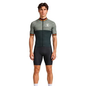 Men's Breathable Custom Olive <b>Green</b> Short Sleeve Cycling Jersey with Striped Detail Full Zip Performance <b>Bike</b> Top - Product Image 1