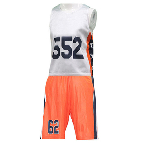 Conjunto de Camiseta sin Mangas de Lacrosse de Malla Gris Transpirable y Pantalones Cortos Naranjas, Uniforme de Práctica de Equipo con Estilo Reversible Sublimado Personalizado - Product Image 1