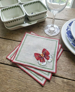 Venta al por mayor personalizado bordado moderno cóctel servilletas Lazo Rojo Navidad Lino natural rojo verde borde posavasos para el hogar bares - Product Image 3