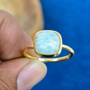 Natural Amazonite Cushion Shape Gemstone 18k Gold Plated Bezel Handmade Minimalist <b>Ring</b> For Girl - Product Image 3