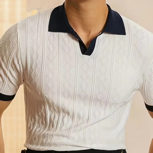 Camiseta de Punto Jacquard con Cuello en Contraste para Hombre, Manga Corta, Texturizada, Casual, Transpirable, Suave, Ecológica, para Verano - Product Image 1