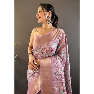 Sari de Seda Assam Lavanda con Estampado Kalamkari y Borde Tejido con Hilo Zari de 500g para Fiesta - Product Image 2