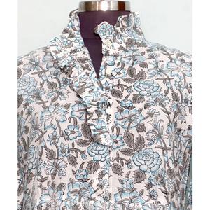 Robe longue évasée décontractée pour femme, en coton à imprimé floral, col en V, taille naturelle, manches longues, imprimé à la main, respirante, vente en gros - Product Image 5