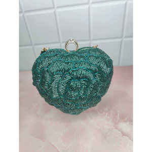 Beaded Rose Shape <b>Clutch</b> <b>Bag</b> with Ring Handle Handmade Evening Party <b>Bag</b> <b>Green</b> - Product Image 1