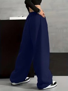 Women High Waist Wide Leg Sweatpants Navy Blue Letter Print Elastic Waist Side Pockets Full Length Casual Pants Autumn Style - Product Image 3