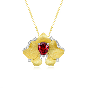 Flower Pendant <b>Necklace</b> Yellow Gold <b>Ruby</b> Center Diamond Accents Box Chain Women's Luxury Jewelry - Product Image 1