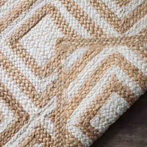 Tapis géométrique en jute rectangulaire moderne à tissage plat antidérapant pour salon, motif blanc beige - Product Image 6