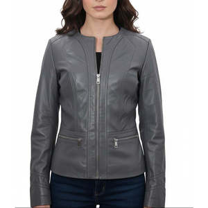 Veste sans col en cuir de mouton bleu turquoise faite à la main, taille XS pour femme, style minimaliste élégant, automne - Product Image 4