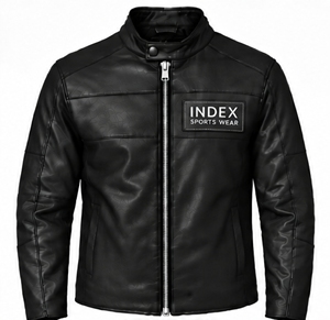 INDEX SPORTS WEAR Chaqueta de Cuero PU Negra para Hombre, Estilo Motero, Cuello Alto, Cierre de Cremallera, para Otoño - Product Image 1