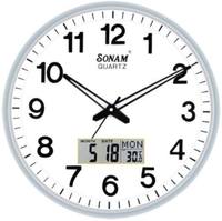 Jam Dinding Kuarsa SONAM Tampilan Analog Bulat dengan Kalender Digital Tanggal dan Hari untuk Ruang Tamu Desain Modern Bodi Plastik