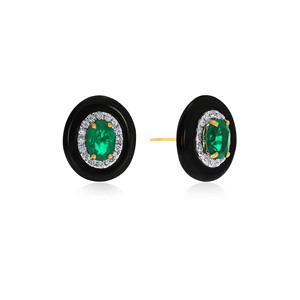 18K Designer Gold <b>Emerald</b> <b>Stud</b> Earrings Oval Shape Green <b>Emerald</b> Round Cut Lab Grown Diamond Black Enamel Fine Jewelry - Product Image 2