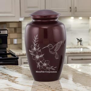 Urnes funéraires artisanales en aluminium bordeaux, gravure élégante d'oiseau colibri, urnes commémoratives durables, pots funéraires décoratifs en métal. - Product Image 3