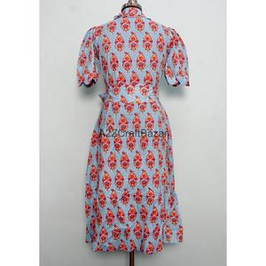 Robe décontractée en coton pour femme, col en V, manches courtes, silhouette trapèze, imprimé floral, longueur midi, avec poches, toucher doux, idéale pour l'été - Product Image 6