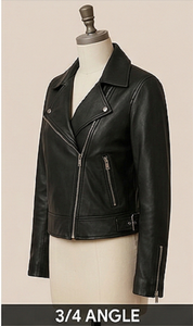 Women's Black Sheep Skin <b>Biker</b> <b>Jacket</b> Embroidered Back Design Slim Fit Asymmetrical Zipper Windproof ODM Winter Moto <b>Jacket</b> - Product Image 2