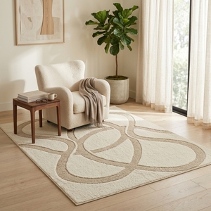 Alfombra de Lana Tufted Abstracta Hecha a Mano, Tamaño Personalizado, Color Beige Marfil con Patrón de Líneas, Alfombra de Lujo para Sala de Estar - Product Image 5
