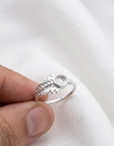 Good Quality 925 Sterling <b>Silver</b> 6mm Round Leaf Semi Mount <b>Ring</b> <b>Feather</b> Band Gemstone Setting Wholesale <b>Ring</b> Setting Craft - Product Image 1