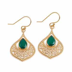 <b>Gold</b> Plated Green Onyx Filigree <b>Dangle</b> <b>Earrings</b> Pear Shape Gemstone Boho Vintage Statement Jewelry for Women - Product Image 1