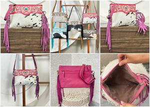 New Women Fashionable Cute Pink Tooled Genuine Leather Crossbody Handbag Stylish Hairon With Turquoise Stone Designer Fringe bag - Product Image 3