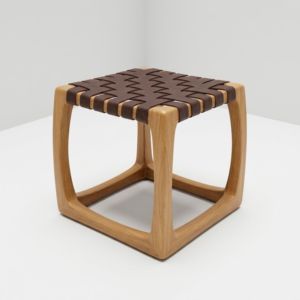 Mid-Century Modern Woven Leather Stool Solid <b>Wood</b> <b>Footstool</b> Ottoman Curved Cube Frame Hotel Lounge Bedroom Wholesale Export - Product Image 3