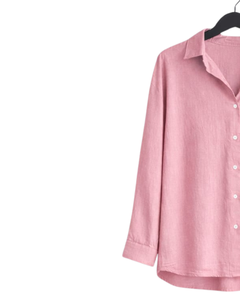 Ensemble deux pièces en lin rose pour femme, chemise à manches longues boutonnée et pantalon large à taille élastique, tenue décontractée pour la maison - Product Image 3