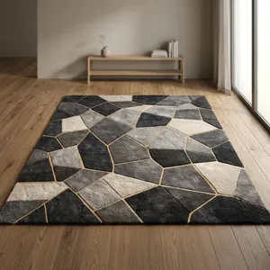 Tapis rectangulaire moderne en laine, motif abstrait noir et or, poils moyens, tufté, lavable, antidérapant, avec envers fin en polypropylène - Product Image 2