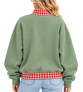 Sudadera navideña extragrande personalizada para mujer, cuello simulado, tela a cuadros, lunares, apliques de letras, bordado con puntada satinada. - Product Image 3