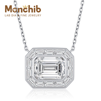 Collier en or blanc 18 carats avec diamant de laboratoire taille émeraude double halo et baguette
