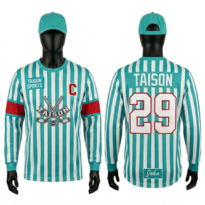 เสื้อกรรมการฮอกกี้น้ำแข็งชาย พรีเมียม ผ้าโพลีเอสเตอร์ 180 GSM สีเขียวอมฟ้า ขาว ลายทางแนวตั้ง น้ำหนักเบา พิมพ์โลโก้ตามสั่ง - Product Image 1