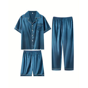 Pijamas de Color Sólido, con Camisa de Manga Corta Azul Oscuro y Pantalones Largos Holgados y Shorts - Product Image 4