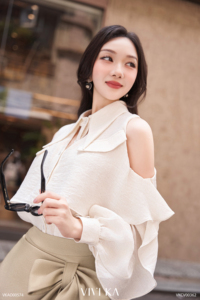 Women's Ivory Cold Shoulder Ruffle Blouse <b>Layered</b> Flounce Long Sleeve Chiffon Shirt Elegant Feminine Casual <b>Top</b> STELA - Product Image 5