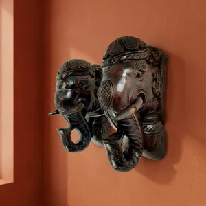 Hand Carved Wooden <b>Elephant</b> Head Wall <b>Decor</b> Traditional Animal Print Design Asian Zen From Uttarakhand for Home Decoration - Product Image 2