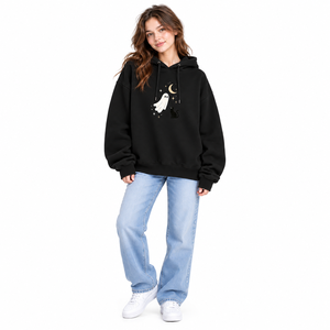 <b>Women's</b> Halloween <b>Black</b> Pullover Hoodie Ghost Cat Moon Graphic Oversized <b>Fleece</b> Eco-Friendly Front Casual Autumn Winter - Product Image 1