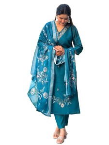 Women's Traditional Salwar Kameez Embroidered Printed Dupatta Slim Fit Knee-Length Reversible Summer Casual Wear Silk Blend - Product Image 1