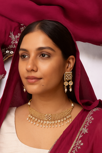 Parure de bijoux indiens vintage en laiton plaqué or avec perles, cristaux et strass, comprenant un collier ras-du-cou imitation perle et des boucles d'oreilles Jhumka, pour mariage - Product Image 1