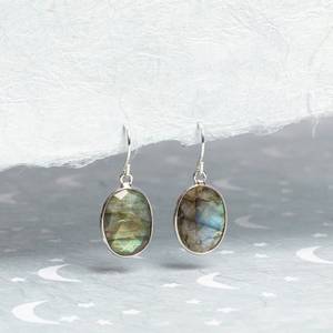 Labradorite Oval Peace Trendy Gold Plated Sterling Silver Statement Drop <b>Earrings</b> Certified for Wedding & Party - Product Image 1
