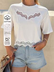 Summer Casual <b>White</b> Hollow Out Lace Patchwork Cropped T-Shirt Oversized Cotton <b>Tee</b> Short Sleeve Round Neck Tops Women's Shirts - Product Image 3