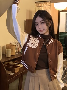 Fashion Women Solid <b>Short</b> Winter Stand Collar Varsity <b>Jacket</b> with Wool Blend Body and Custom Embroidery - Product Image 1