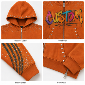 เสื้อฮู้ดซิปเฟรนช์เทอร์รี่ขายส่ง ลายกราฟิกประดับเพชร ล้างสีแบบ Stone Washed ทรงโอเวอร์ไซส์ สตรีทแวร์ คุณภาพสูง รับทำโลโก้ตามสั่ง เสื้อฮู้ดผู้ชาย - Product Image 4