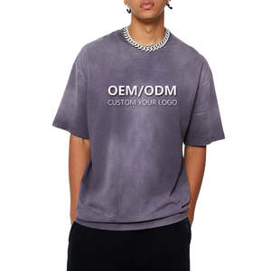 T-shirt homme en coton pur, col rond, manches courtes, délavé, style streetwear américain, dégradé de couleurs, coupe ample - Product Image 1