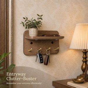 Porta Llaves Rectangular de Madera Maciza con Ganchos de Hierro e Imanes Ocultos, Diseño Flexible, Color Marrón Vintage, para Montar en la Pared - Product Image 4