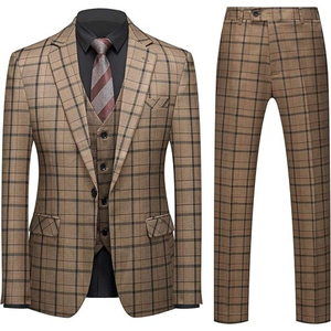 Costume 3 pièces pour homme, style britannique, à carreaux, 100% coton, tenue de cérémonie, double boutonnage, col mandarin, plissé, anti-plis, pour adultes - Product Image 6