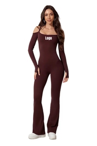 Custom Logo Women's Sexy One Piece Backless Yoga Jumpsuit Cold Shoulder Double Straps <b>Flared</b> Pants Water Resistant Spandex/Nylon - Product Image 2