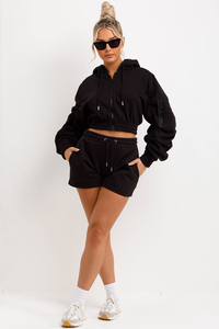 Conjunto Deportivo de 2 Piezas para Mujer, Color Negro, Sudadera Corta con Capucha, Pantalones Cortos, Cierre de Cremallera, Color Sólido, Bolsillos Laterales - Product Image 3
