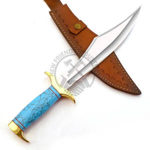 มีดทำมือรุ่นใหม่ ใบมีดเหล็ก J2 ทรงโบวี่ มีดสะสม มีดล่าสัตว์ ด้ามหินสีน้ำเงิน มีดเอาตัวรอด พร้อมปลอก - Product Image 5