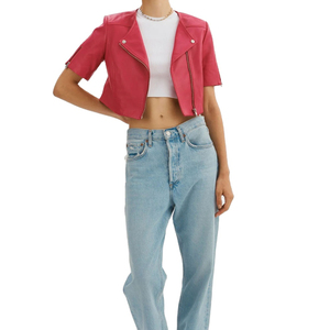 Chaqueta de Motociclista Roja Corta Personalizada para Mujer, Chaqueta de Moto de Piel de Oveja Original - Product Image 2