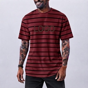 <b>Men's</b> <b>Striped</b> Short Sleeve Stand Collar Oversized Fit Casual Jersey Printed Logo Front 100% Cotton Heavyweight 380g <b>T</b>-<b>Shirt</b> - Product Image 1