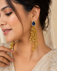Envío Rápido, Pendientes Largos de Plata Oxidada en Tono Dorado con Topacio Azul de Cachemira para Mujer, Joyería para Aniversario - Product Image 2