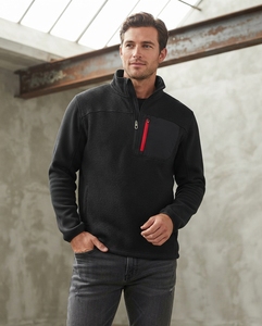 Suéter de punto con cremallera de un cuarto de cuello para hombre TESSUTO, color verde azulado, con paneles laterales azul marino, ribete acuático, bolsillo con cremallera y cuello alto, tipo jersey de golf. - Product Image 2